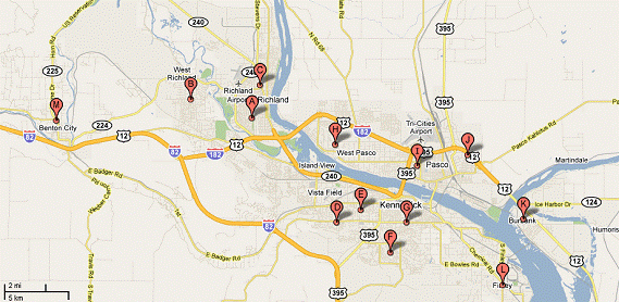 Map of public middle schools in the Tri-Cities area