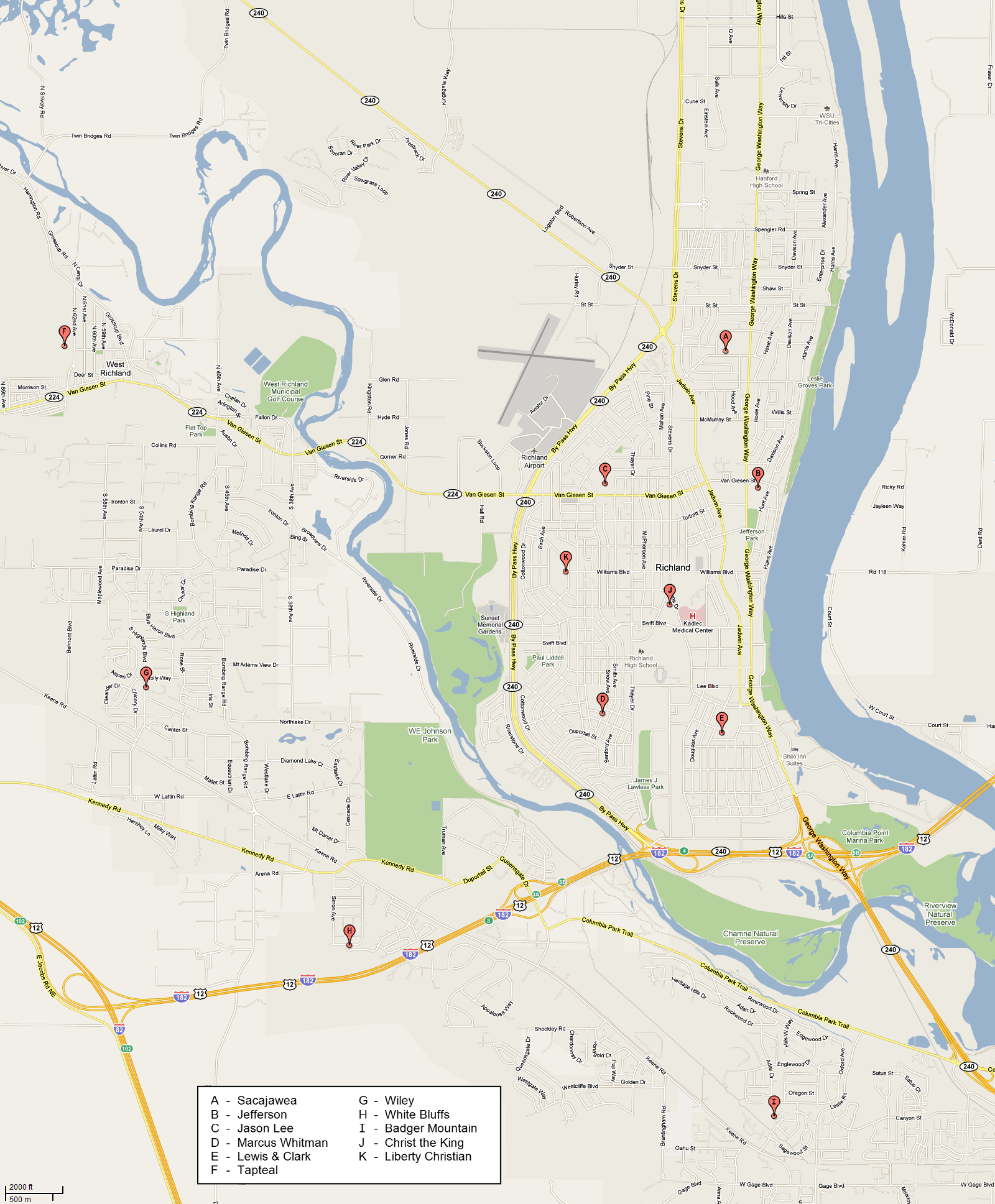 Map of public elementary schools and some private schools in Richland